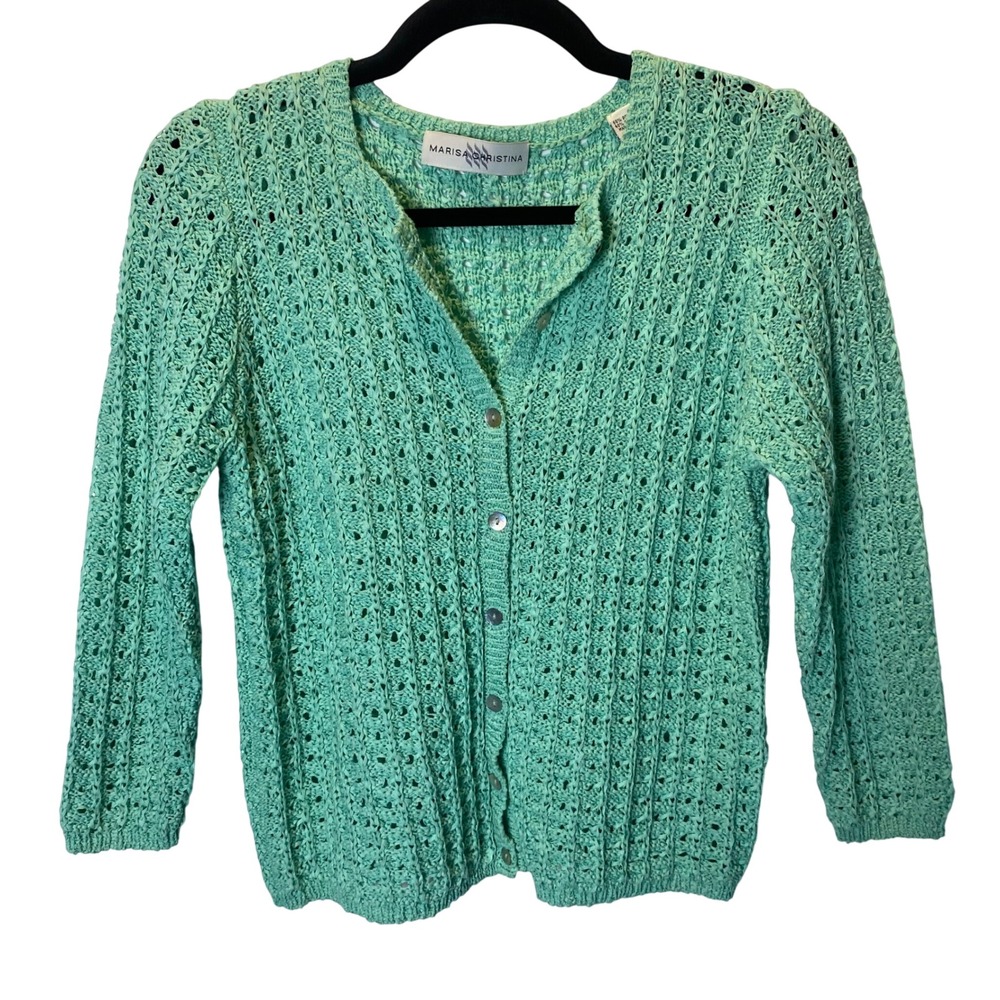 Marisa Christina Cardigan Women M Mint Green Pointelle Knit Cottage Vintage